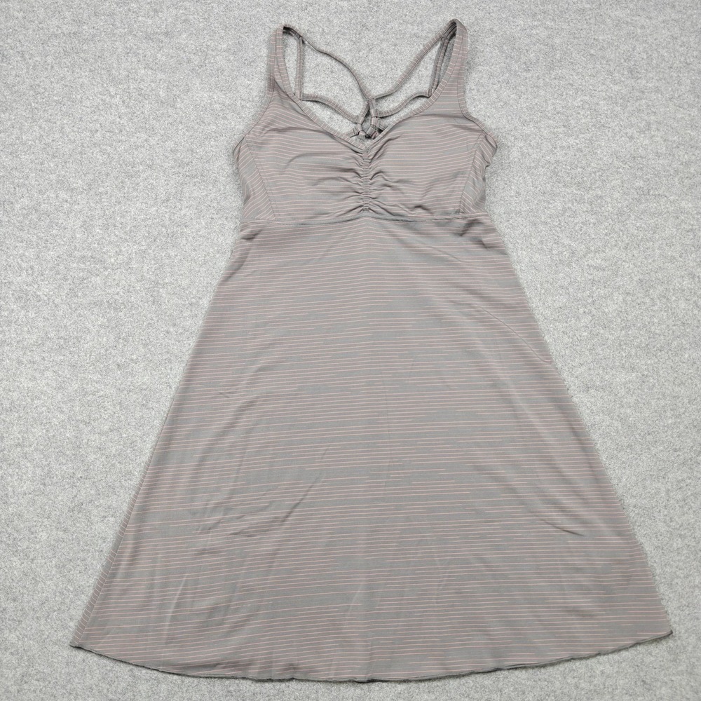 Prana Dress Womens M Gray Striped Built In Bra Strappy Back Sundress Travel